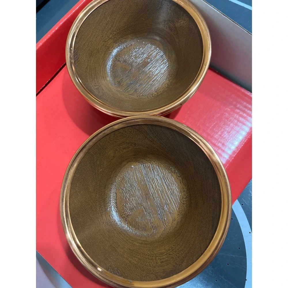 Vintage Faux Wood Grain Salad Bowls Set of 4 Copper Rim Metallic Trim Brown